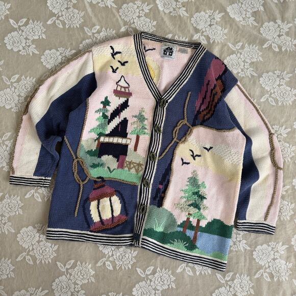 American Vintage Sweaters - Vintage Storybook Knits Nautical Lighthouse Cardigan Size 1X